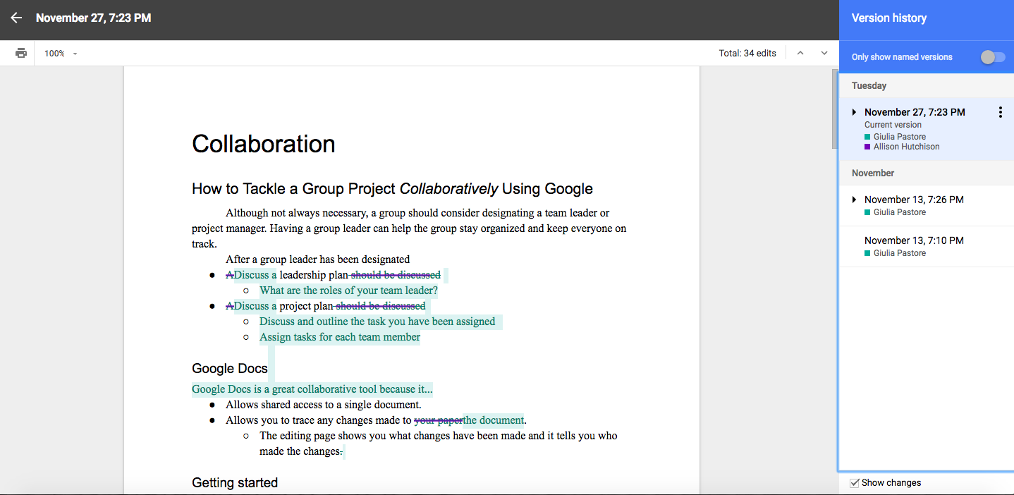 screen shot of Google Doc where text is highlighted in different colors to show revisions